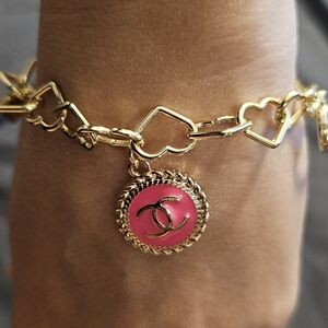 Gold Heart Charm Bracelet with Pink Vintage Pendant.